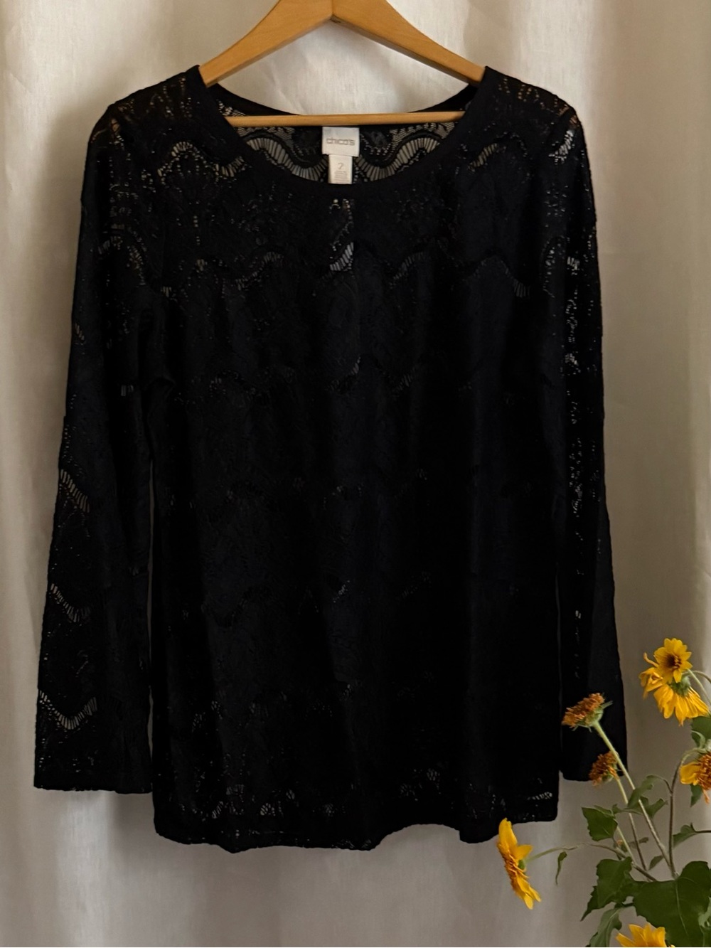 NWT Chico’s Lace Tunic Top size 2 L Black Sheer Lace Bell Sleeve Romantic Boho